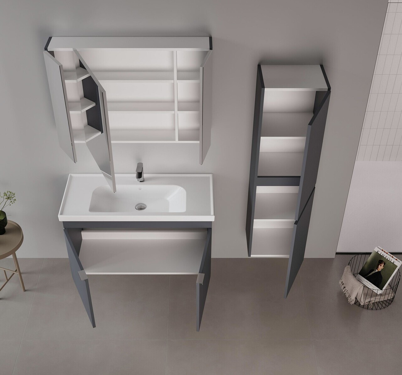 Set Dulap de Baie cu Chiuvetă și Oglindă (2 Piese), Hanah Home, Desna 100, Antracit mat — imaginea 3