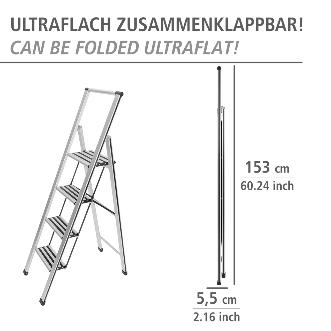 Scara pliabila, Wenko, 4-step, 44 x 153 x 5.5 cm, aluminiu/plastic, gri - 1 | YEO