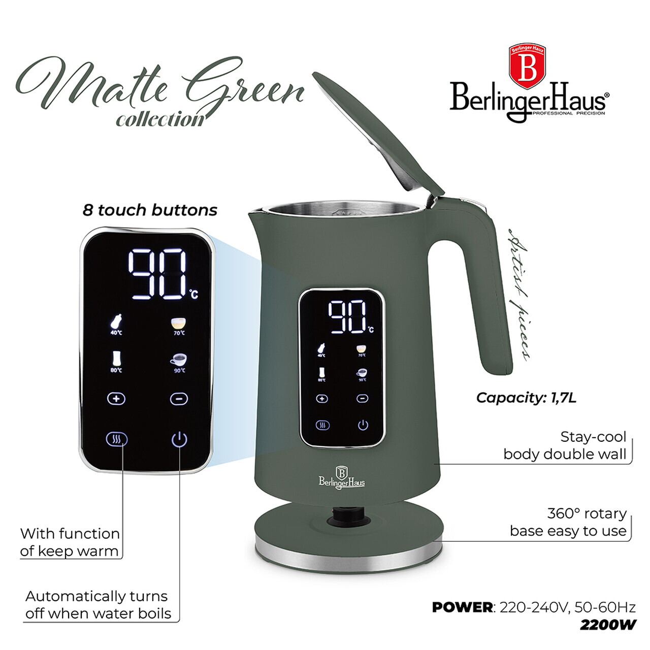 Ceainic electric digital Berlinger Haus, Matte Green, 1.7 L, plastic/inox, verde mat - imagine 6