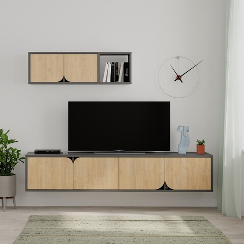 Comoda TV cu raft, Decortie, Spark, pal melaminat, stejar/antracit