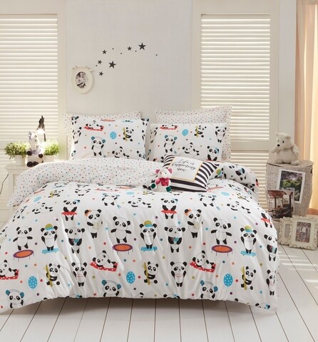 Poza Lenjerie de pat dubla Love Pandas, EnLora Home, 4 piese, bumbac ranforce, multicolor