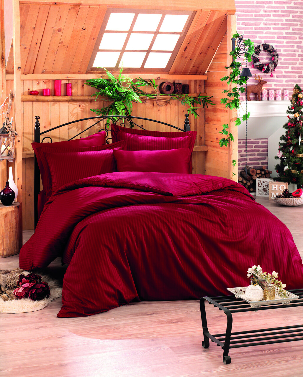 Lenjerie de pat pentru o persoana Single XXL (DE), Stripe - Claret Red v2, Cotton Box, Bumbac Satinat