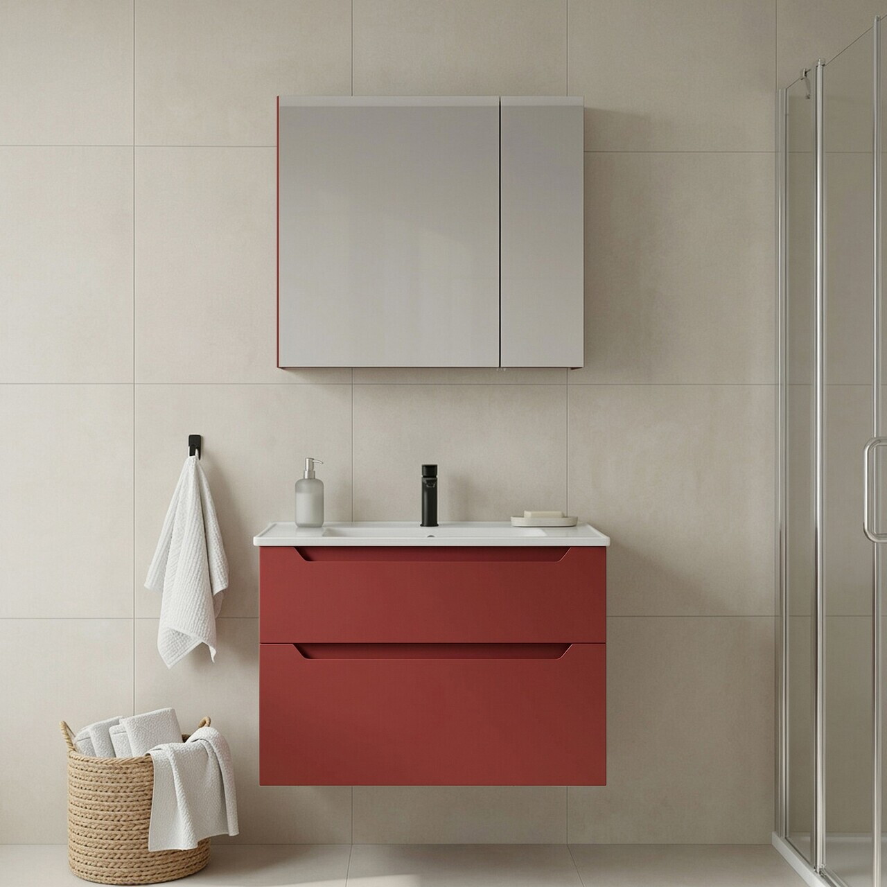 Set Dulap de Baie cu Chiuvetă și Oglindă (2 Piese), Hanah Home, Messina 85 v2, Roșu Mat