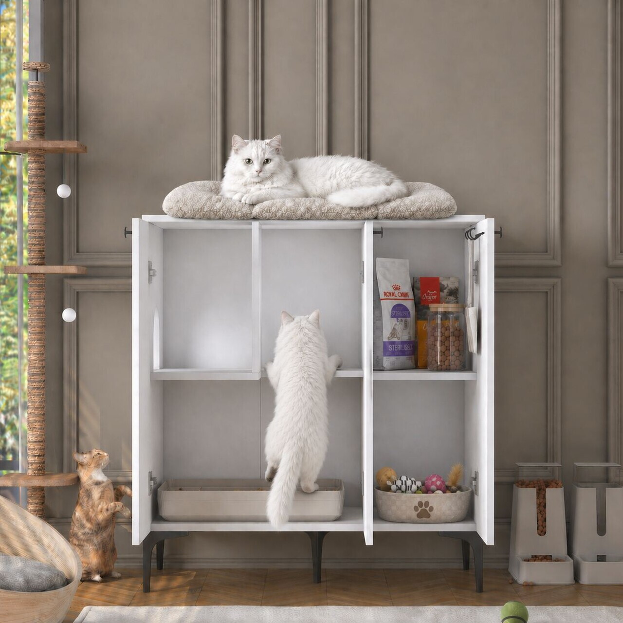 Casă din lemn pentru pisici, Hanah Home, PA102, 90x98.6x45 cm, PAL melaminat, Alb - view 5