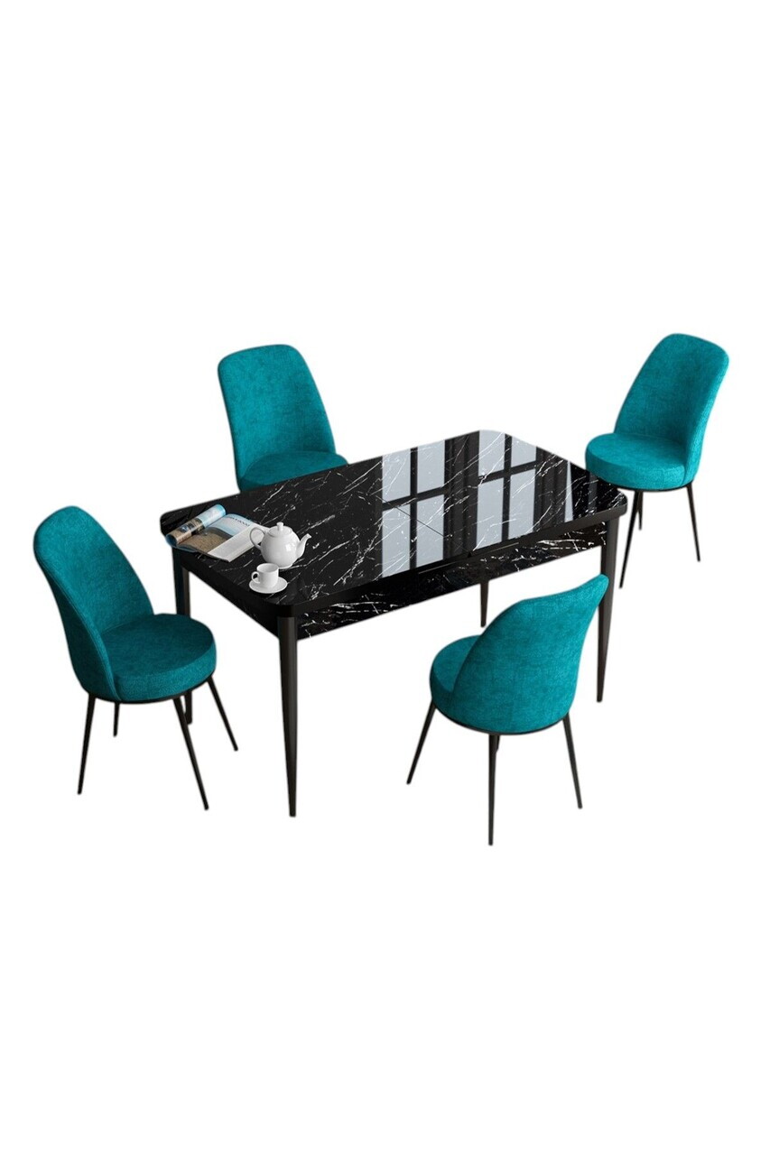 Set masa extensibila si scaune (5 piese), Hanah Home, Han, Model de marmură neagră / turcoaz — imaginea 2
