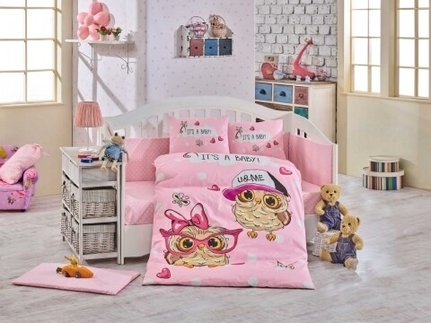 Lenjerie de pat pentru copii, 4 piese, 100% bumbac poplin, Hobby, Coolbaby, roz Hobby