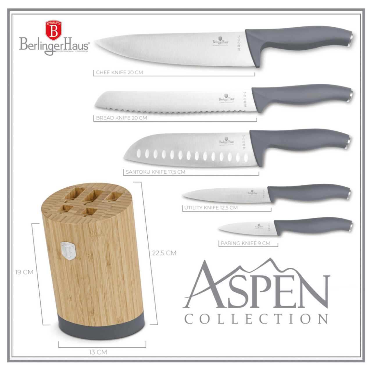 Set 5 cutite cu suport rotund Berlinger Haus, Aspen, inox/bambus, gri mat/natur - imagine 5