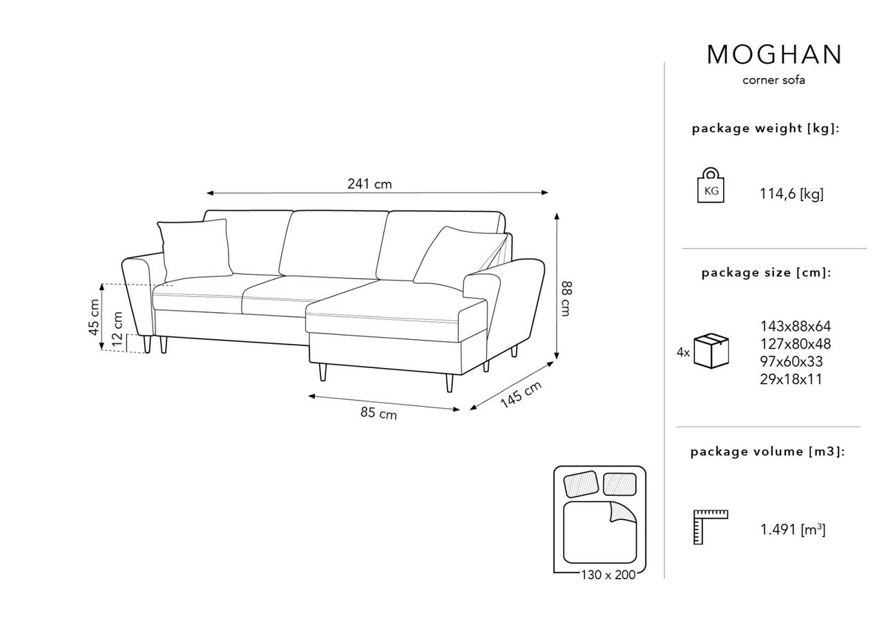 Coltar extensibil dreapta 4 locuri, Moghan, Micadoni Home, GL, 241x145x88 cm, catifea, albastru inchis