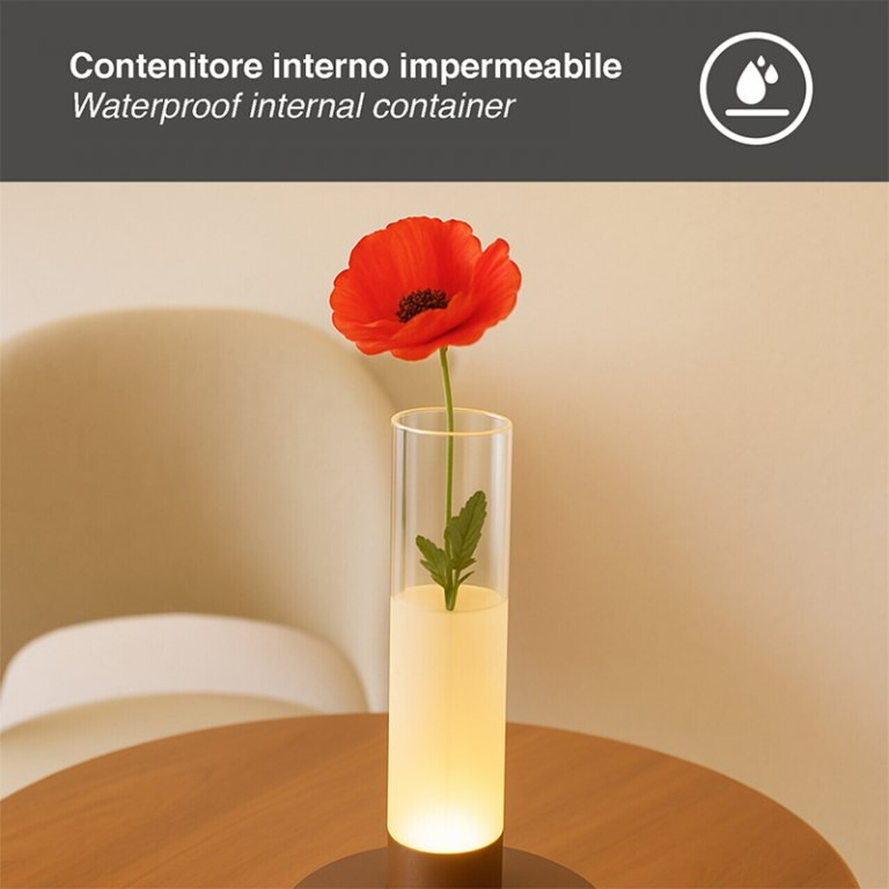Lampa de masa reincarcabila Flora, Beper, 10.5x22 cm, metal/plastic, maro/transparent — imaginea 4