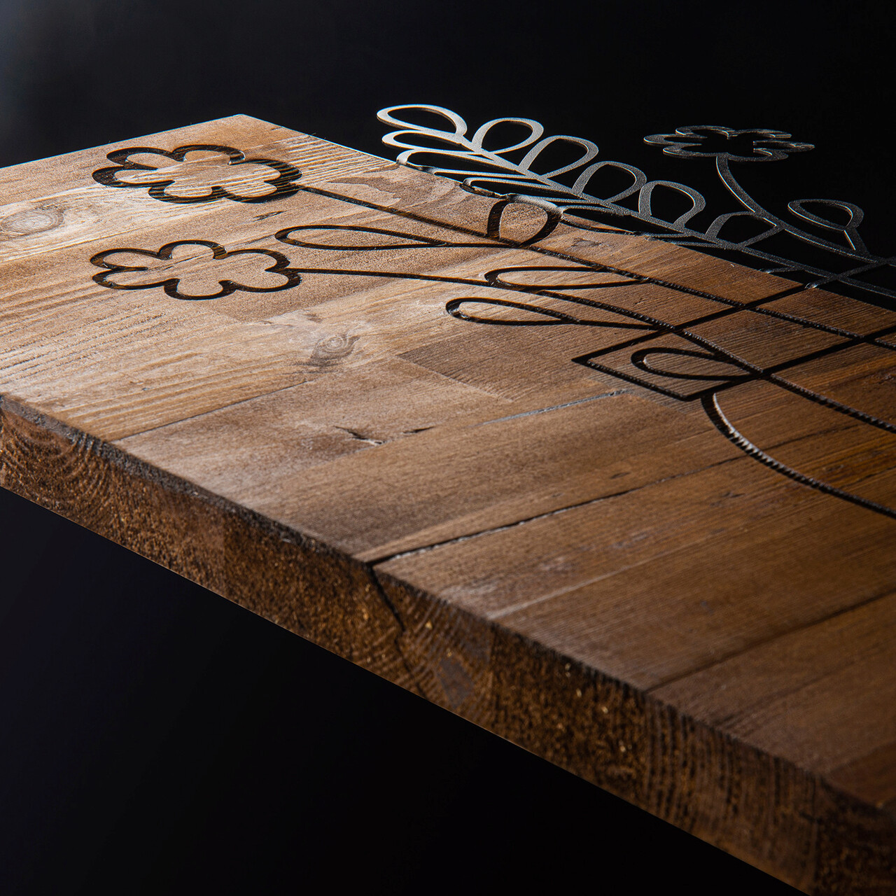 Decoratiune de perete, Cicek2, lemn/metal, 41 x 58 cm, negru/maro