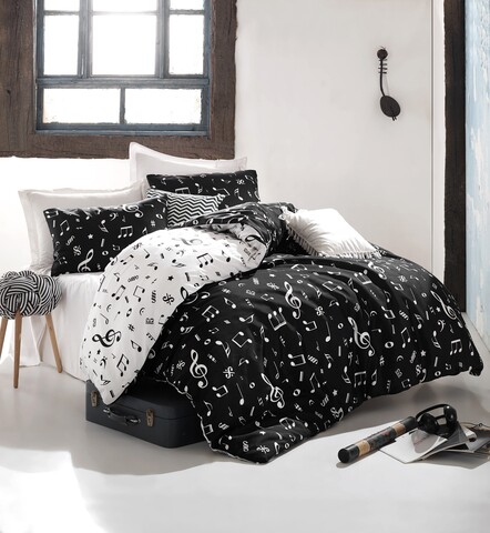Lenjerie de pat dubla super king size, EnLora Home, 162ELR51280, 3 piese, amestec bumbac, negru/alb