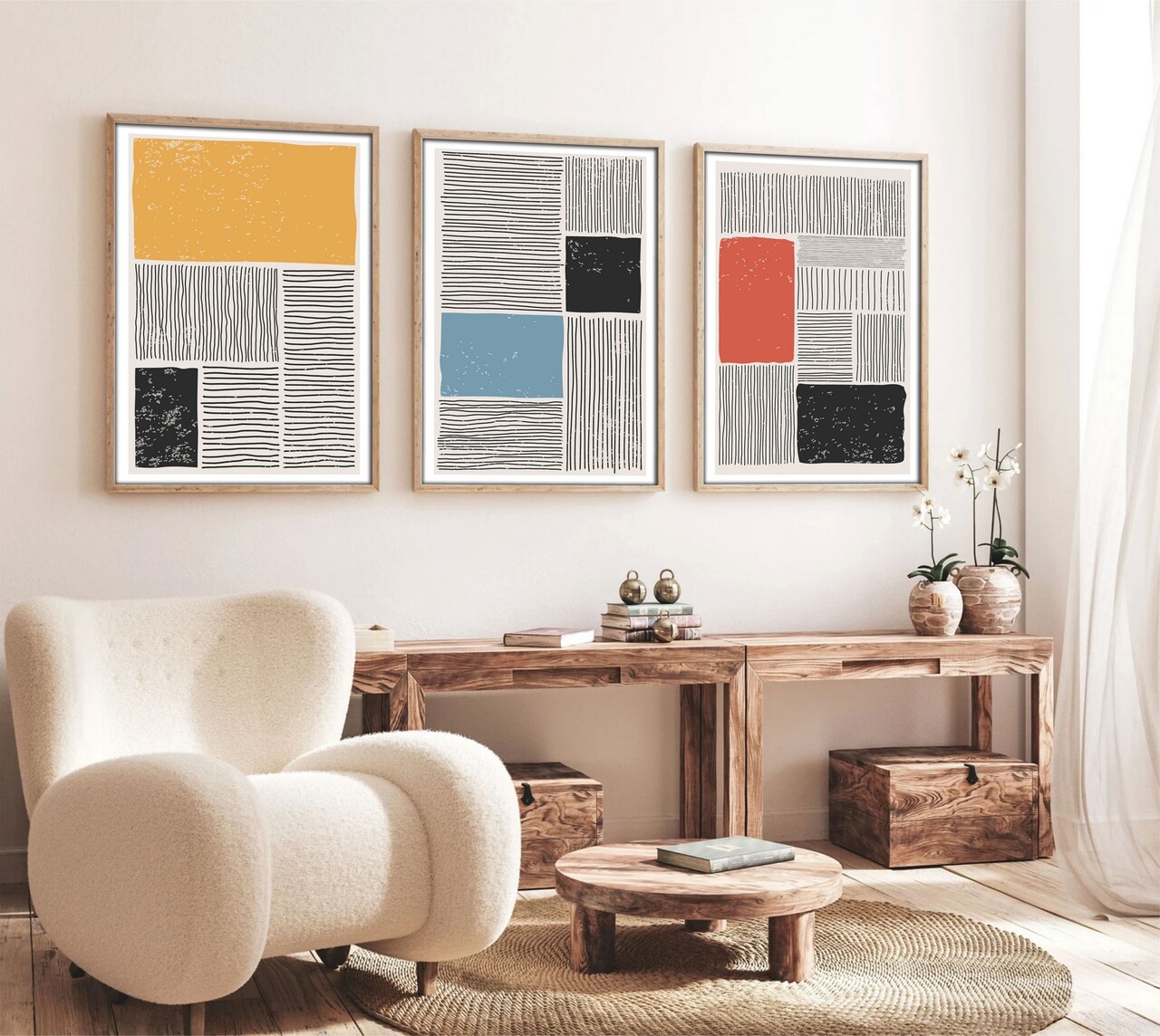 Set 3 tablouri decorative Huhu132 Cadru: 100% LEMN MASIV (Grosime: 25 cm) Multicolor