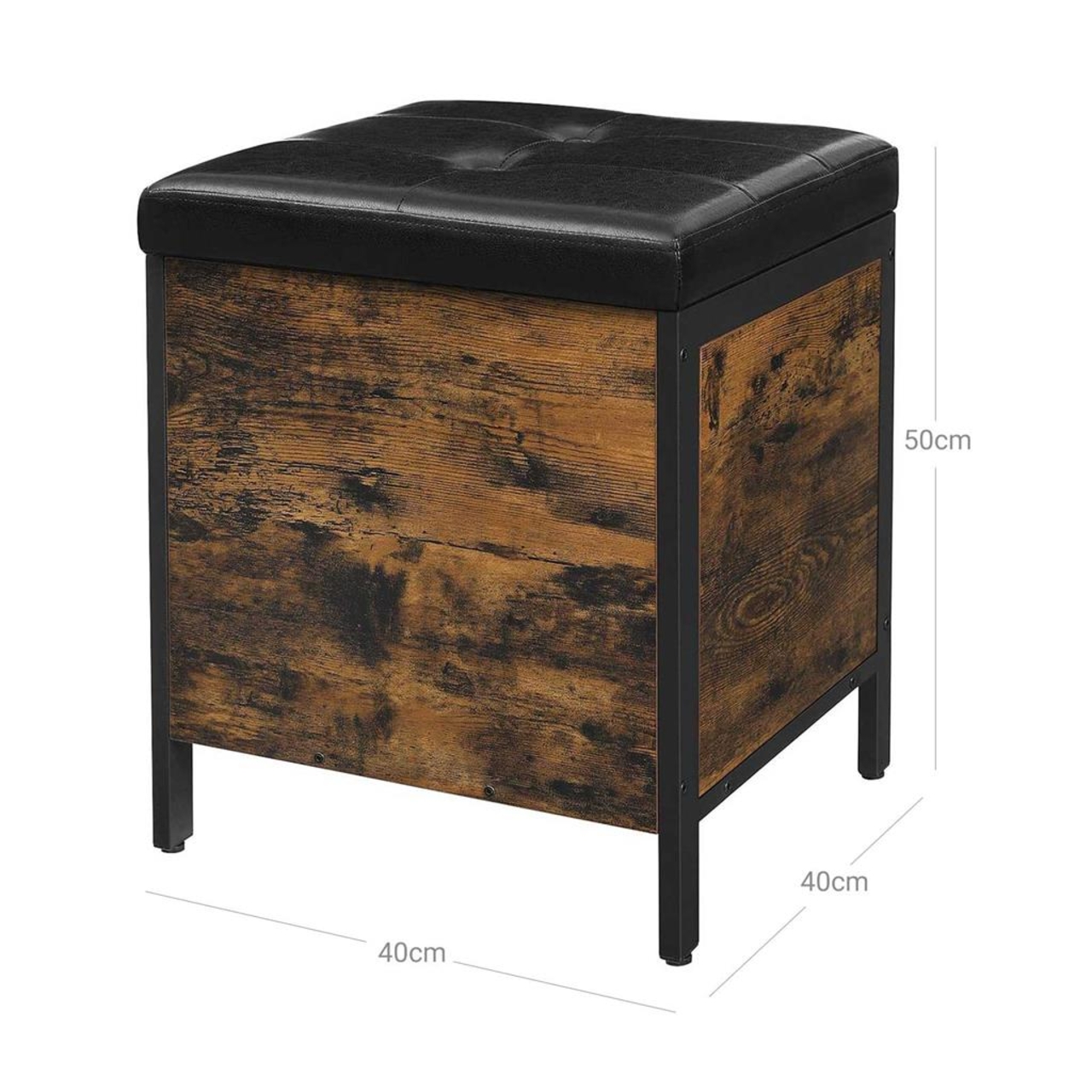 Taburet cu spatiu pentru depozitare, Vasagle, Industrial Style, 40x40x50 cm, PAL/piele ecologica, maro/negru