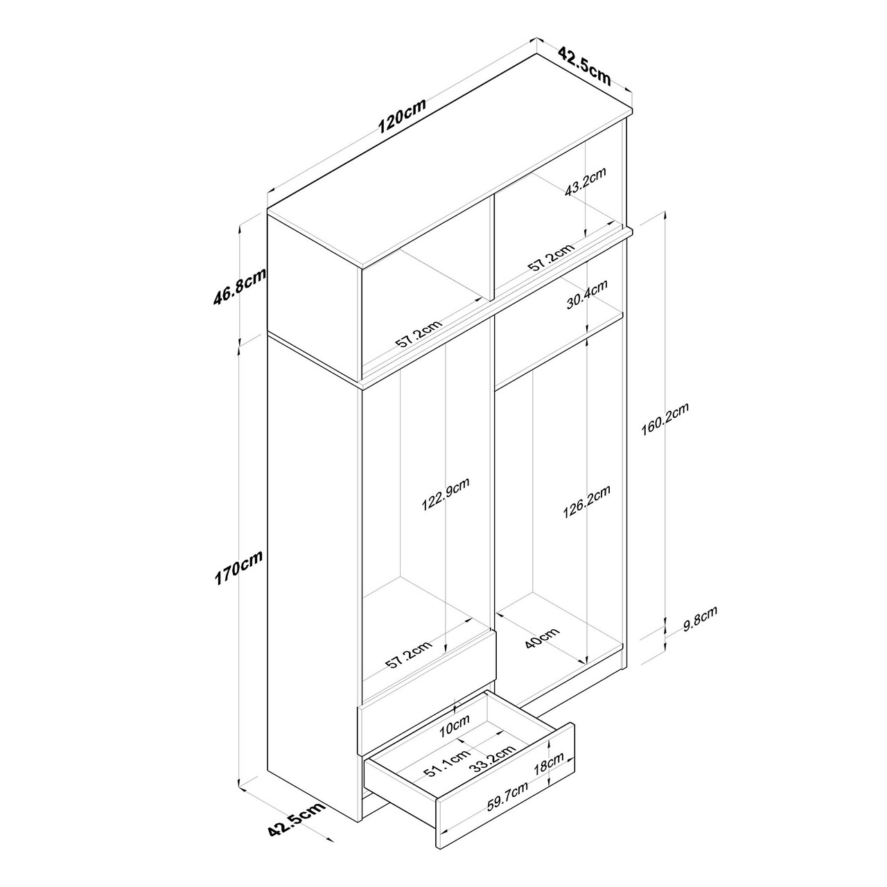 Dulap pentru haine, Rani, BA121, 120x216.8x42.5 cm, PAL, Nuc/Alb