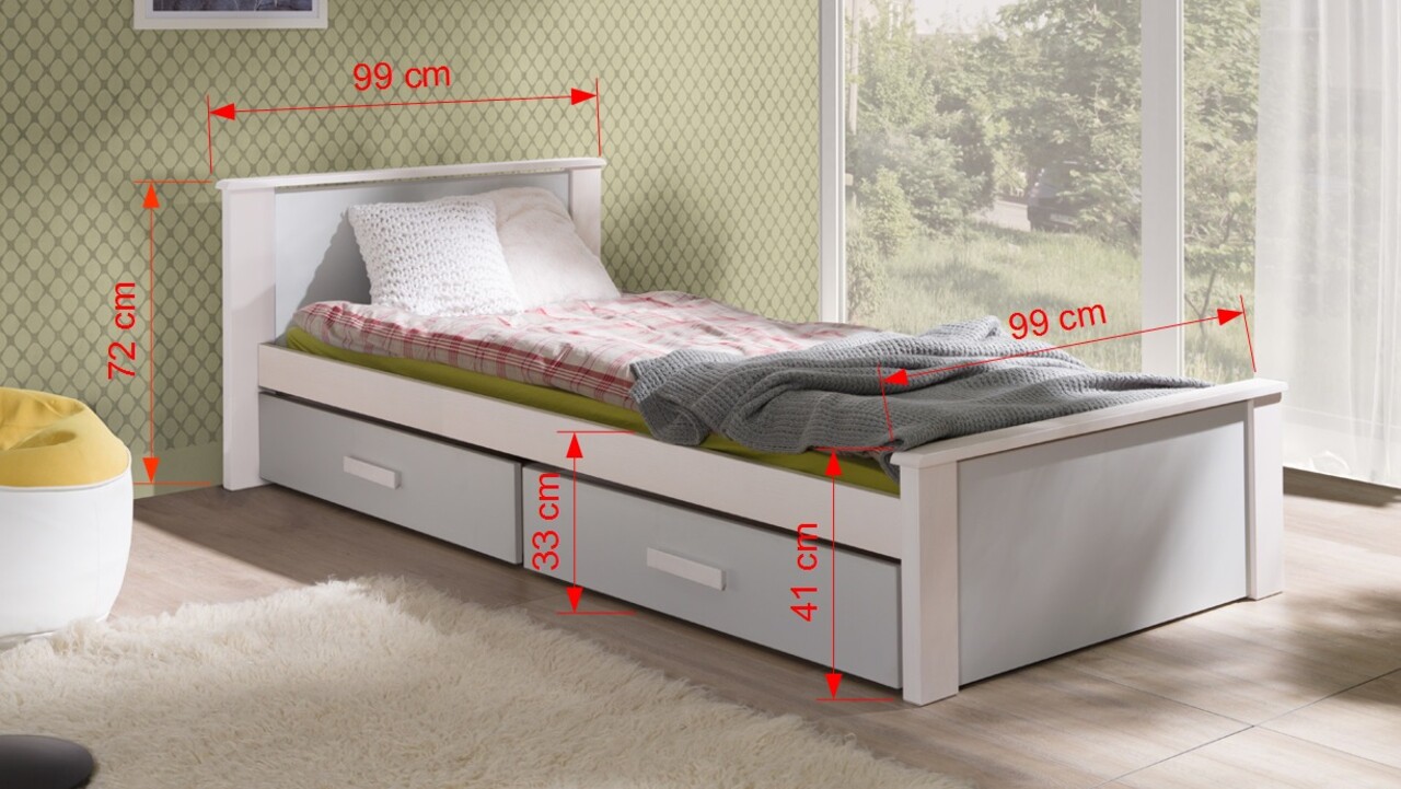 Pat pentru camera copilului Aldo, Meblobed, 90x200 cm, cu doua sertare, lemn de pin/PAL, alb/gri