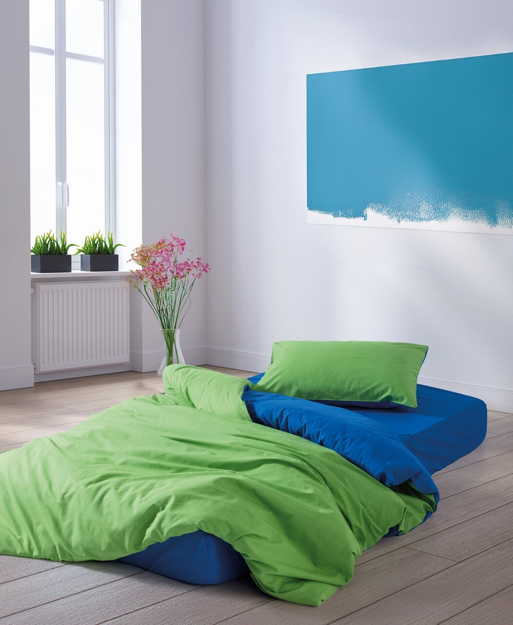 Lenjerie de pat pentru o persoana, Sage - Green, Blue, Cozy Home, Bumbac Ranforce