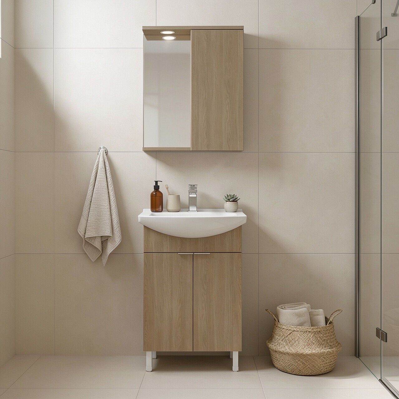 Set Dulap de Baie cu Chiuvetă și Oglindă (2 Piese), Hanah Home, Purus 55, Stejar