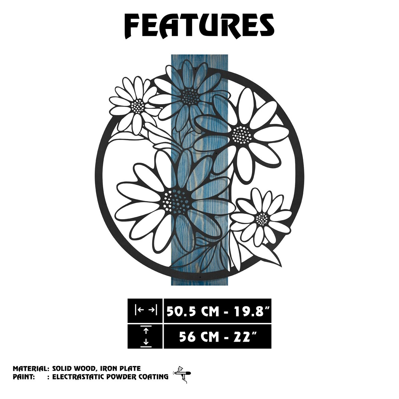 Decoratiune de perete, Marguerite, Cadru: Lemn (Grosime: 2 cm), Albastru/Negru — imaginea 8