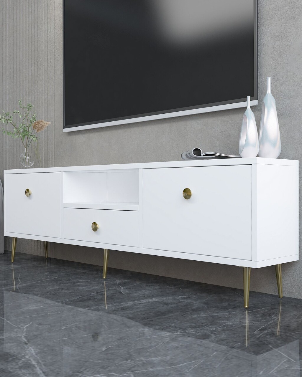 Comoda TV, Hanah Home, 1307-DROP-1, 140x45x30 cm, PAL , Alb/Auriu - view 2