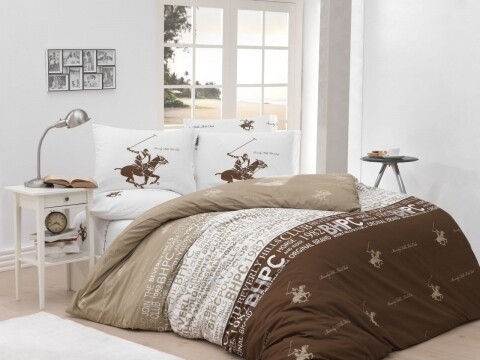 Lenjerie de pat pentru o persoana, Cappuccino, Beverly Hills Polo Club, 3 piese, 160 x 240 cm, 100% bumbac ranforce, maro/crem/alb /100