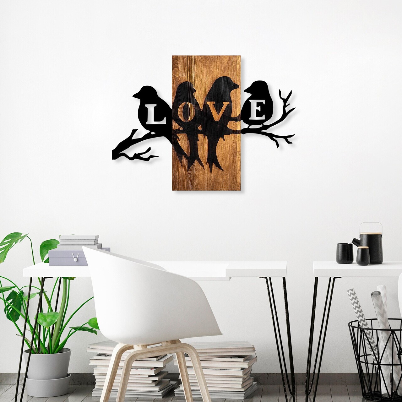 Decoratiune de perete, Love Birds, Dimensiuni: 57 x 75 cm, Nuc / Negru — imaginea 3