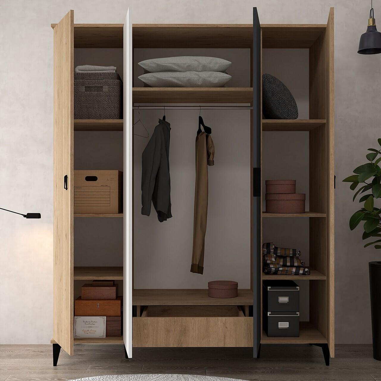 Dulap pentru haine, Hanah Home, Neva 6402, 164x200x52 cm, PAL, Stejar / Alb / Antracit — imaginea 2