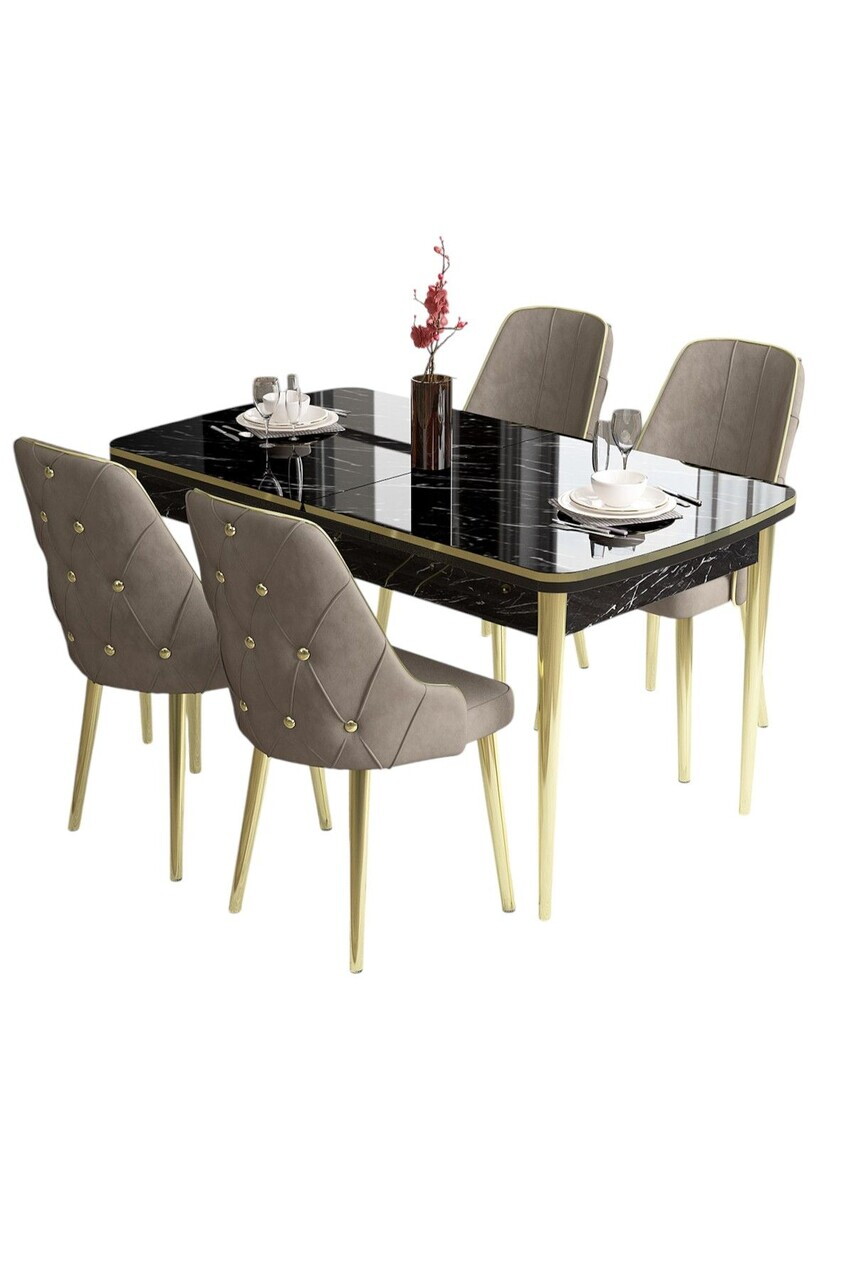 Set masa si scaune (5 piese), Hanah Home, Tia, Model de marmură neagră / Auriu / Cappuccino — imaginea 2