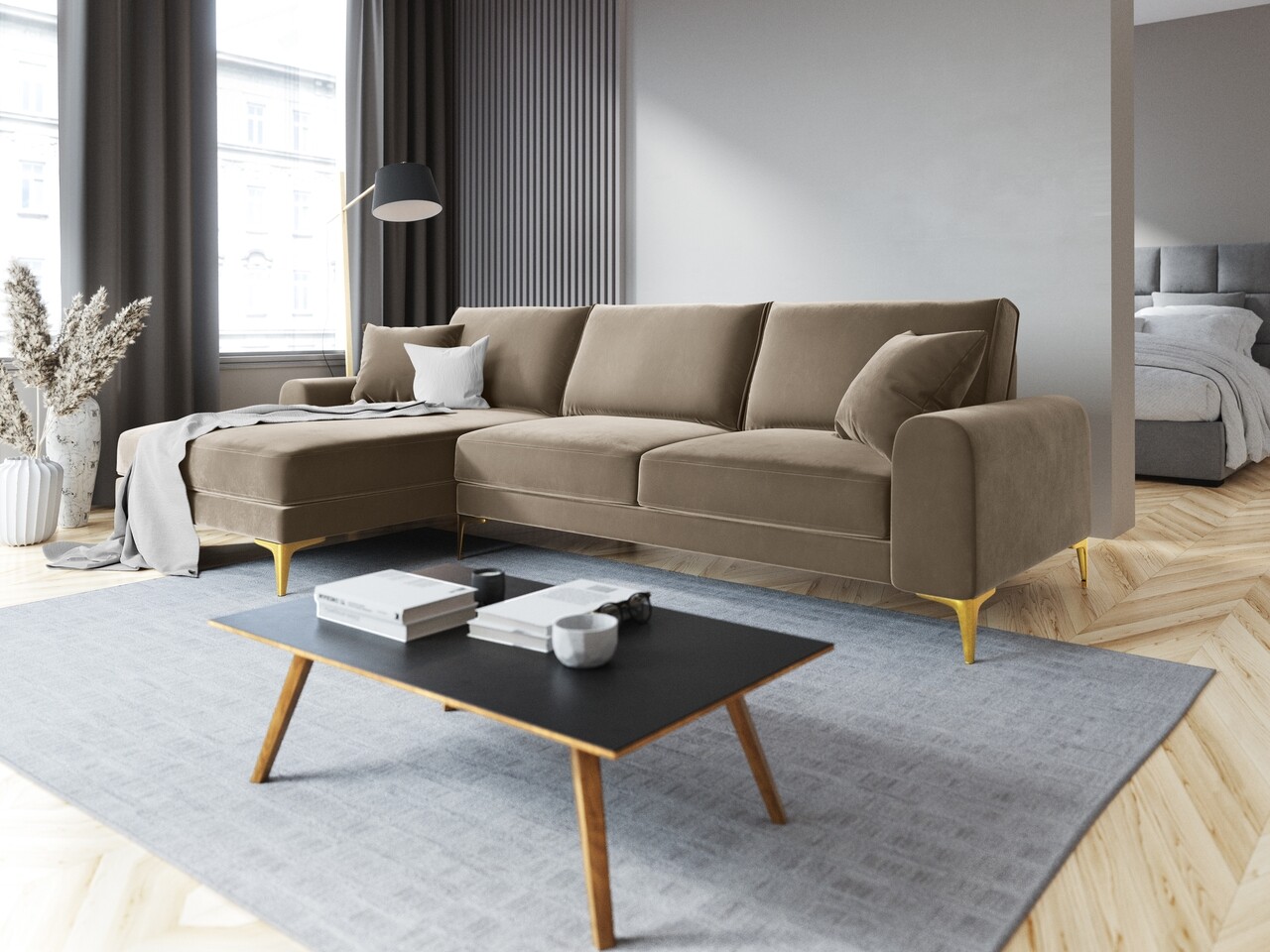 Coltar stanga, Madara, Mazzini Sofas, 5 locuri, gold legs, 254x182x90 cm, catifea, bej