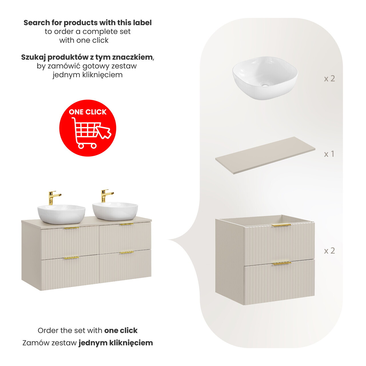 Set mobilier baie, dulap dublu si 2 lavoare, 120 cm Smile, Adel Cashmere, Comad, MDF/PAL laminat, casmir mat — imaginea 2
