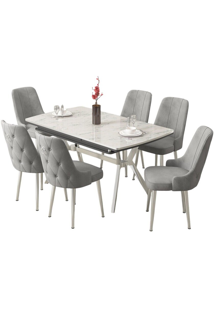 Set masa extensibila si scaune (7 piese), Hanah Home, Nis, Model de marmură albă / Crom / Gri — imaginea 2