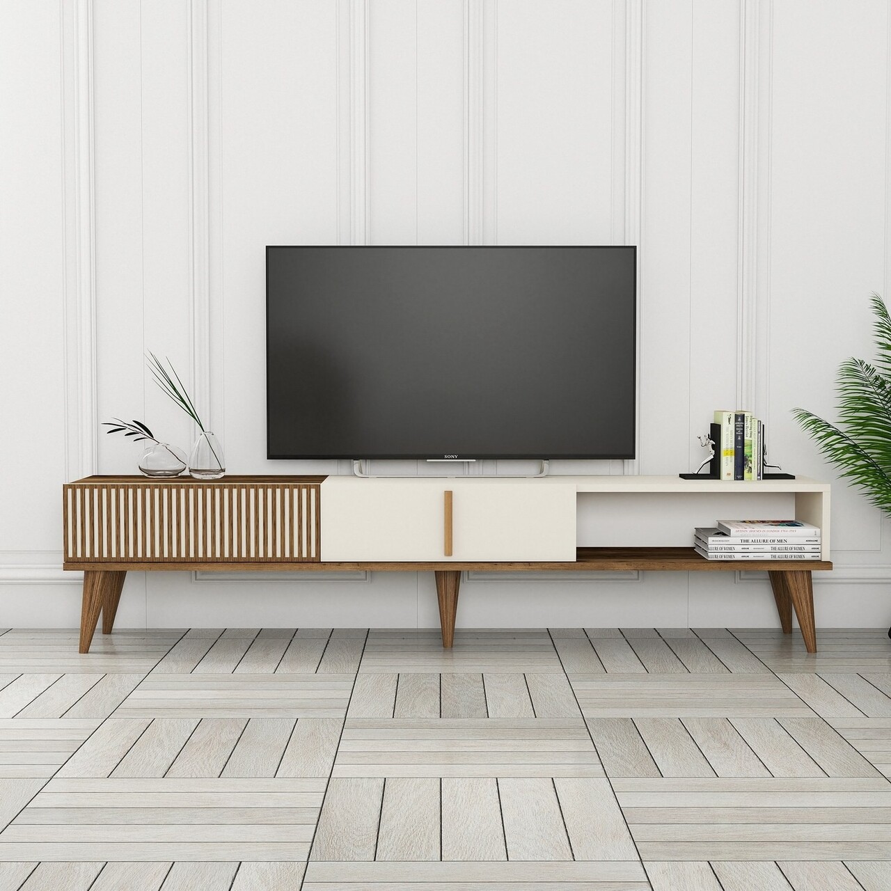 Comoda TV, Hommy Craft, Milan Alt, 180x40x35 cm, PAL, Maro/Crem