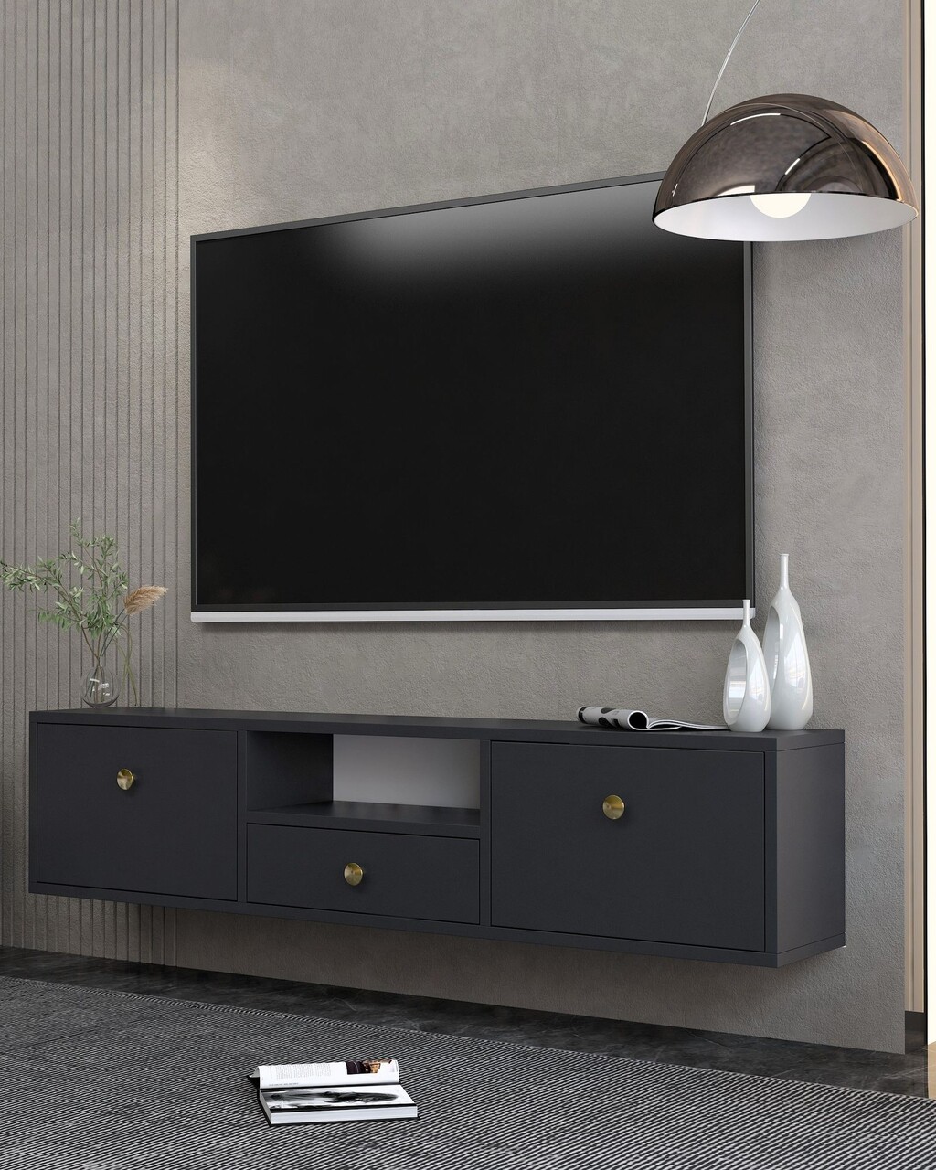 Comoda TV, Hanah Home, 1301-DROP-1, 140x30x30 cm, PAL , Antracit / Aur - view 2