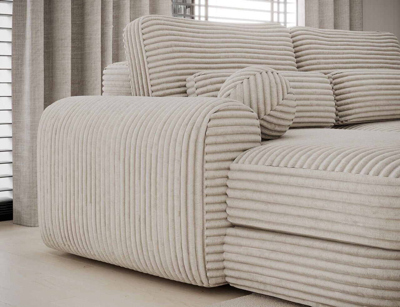 Coltar extensibil stanga 3 locuri ELTAP, Ripeli, 217x175x96 cm, lemn/catifea din poliester, bej deschis — imaginea 9