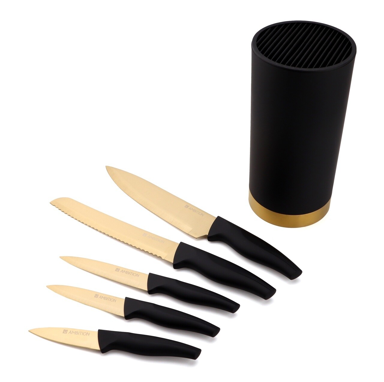 Set 5 cutite si suport Royal, Ambition, 16x11.5x36 cm, otel, negru/auriu - imagine 4