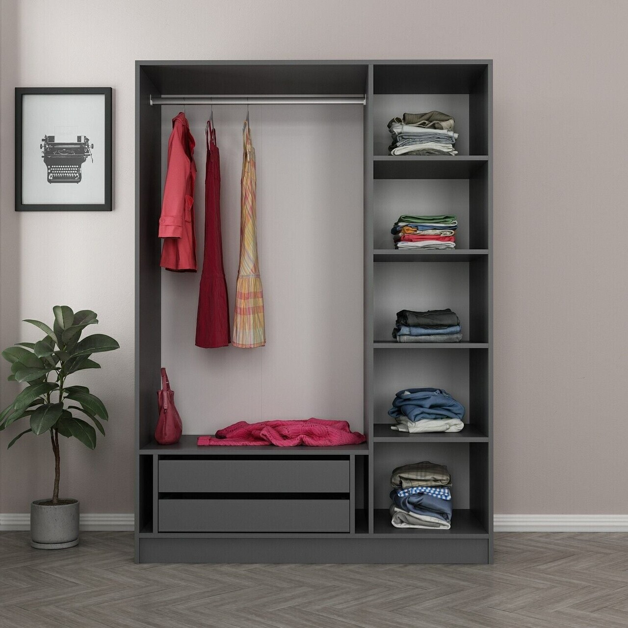 Dulap pentru haine, Hanah Home, Nisa, 135x210x52 cm, Antracit — imaginea 6