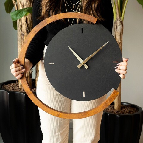 Ceas de perete, moon time wooden metal wall clock, otel, lemn, nuc negru