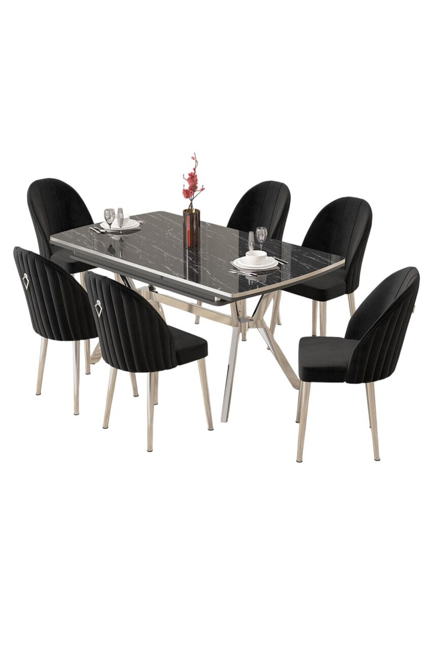 Set masa extensibila si scaune (7 piese), Hanah Home, Sim, Model de marmură neagră / Crom / Negru — imaginea 2