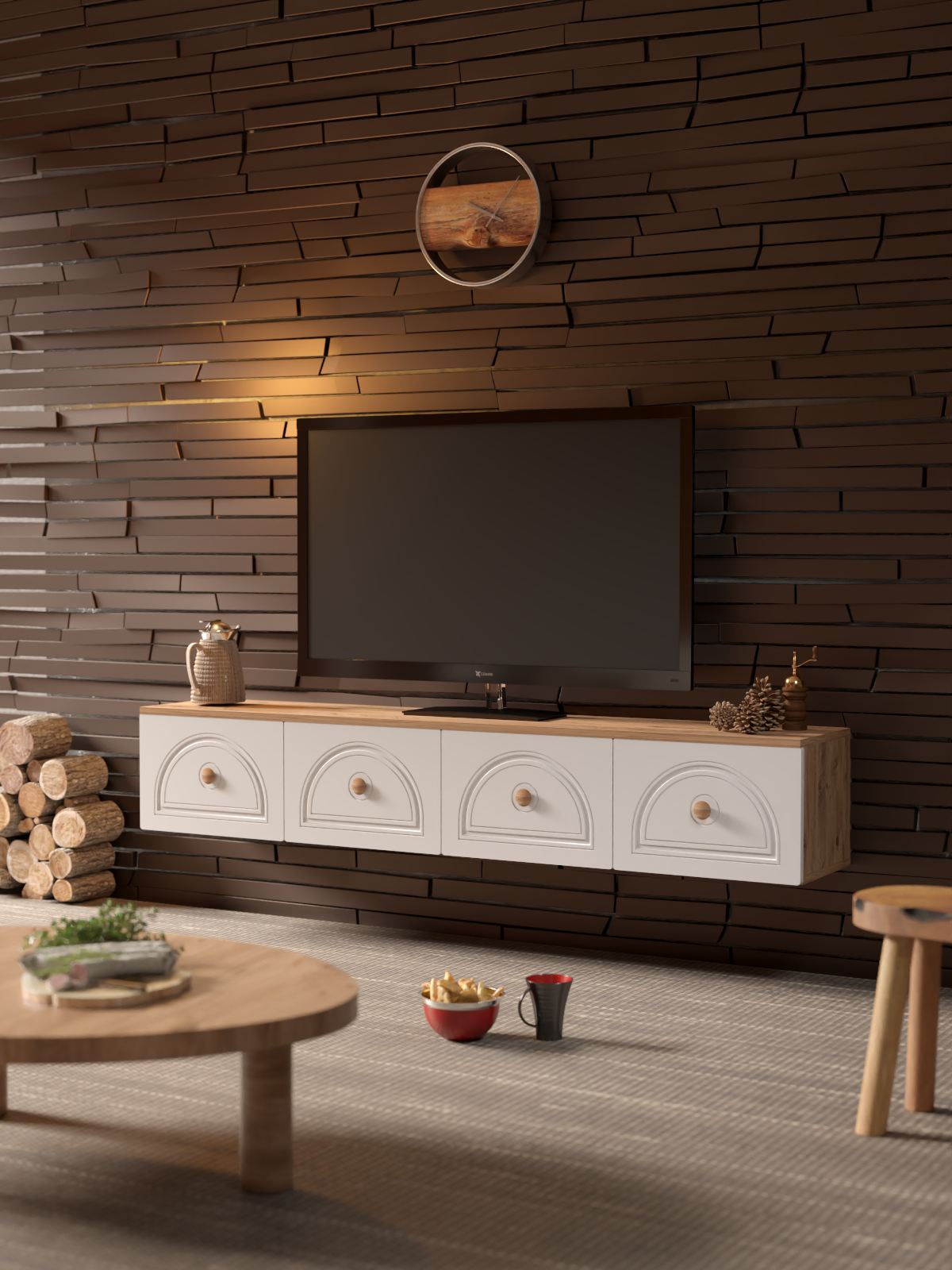 Comoda TV, Hanah Home, Virella 180, 180x32x35 cm, PAL, Pin Atlantic / Alb