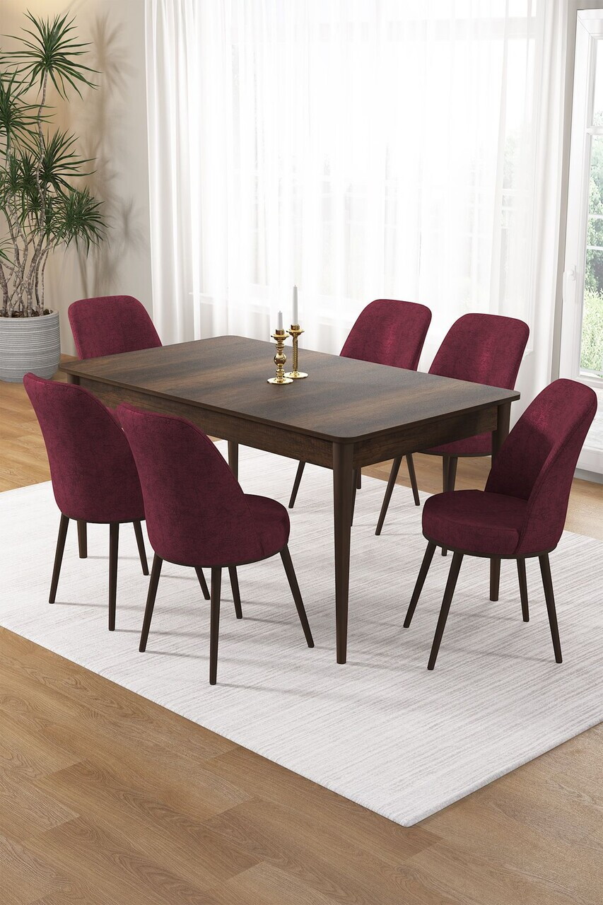 Set masa si scaune (7 piese), Hanah Home, Pir, Model baroc din lemn / Burgundia