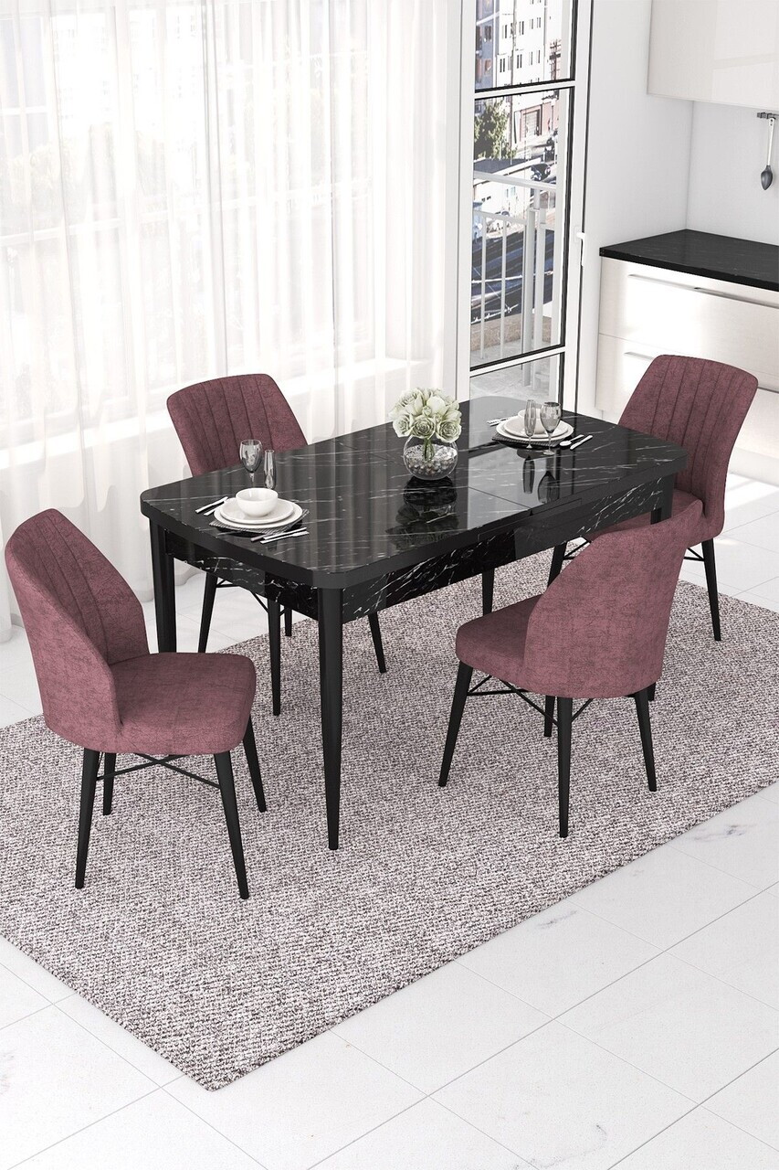 Set masa extensibila si scaune (5 piese), Hanah Home, Nef, Model de marmură neagră / Roz prăfuit