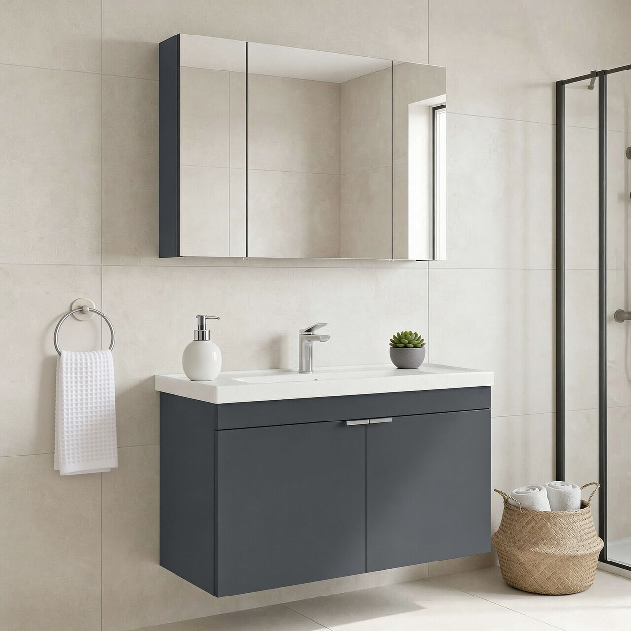 Set Dulap de Baie cu Chiuvetă și Oglindă (2 Piese), Hanah Home, Desna 100, Antracit mat