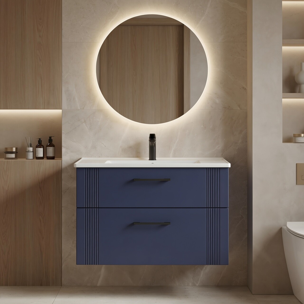 Dulap de baie cu chiuvetă, Hanah Home, Bari 85 v2, Albastru marin mat