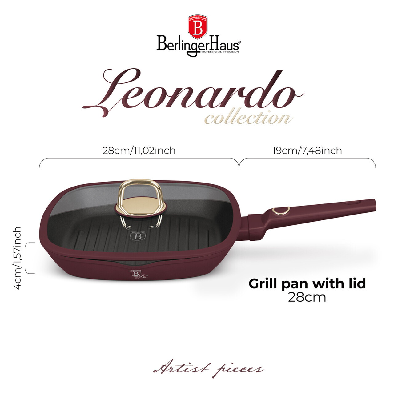 Tigaie grill cu capac Berlinger Haus, Leonardo, 28 cm, 2.1 L, aluminiu forjat, visiniu mat - imagine 7