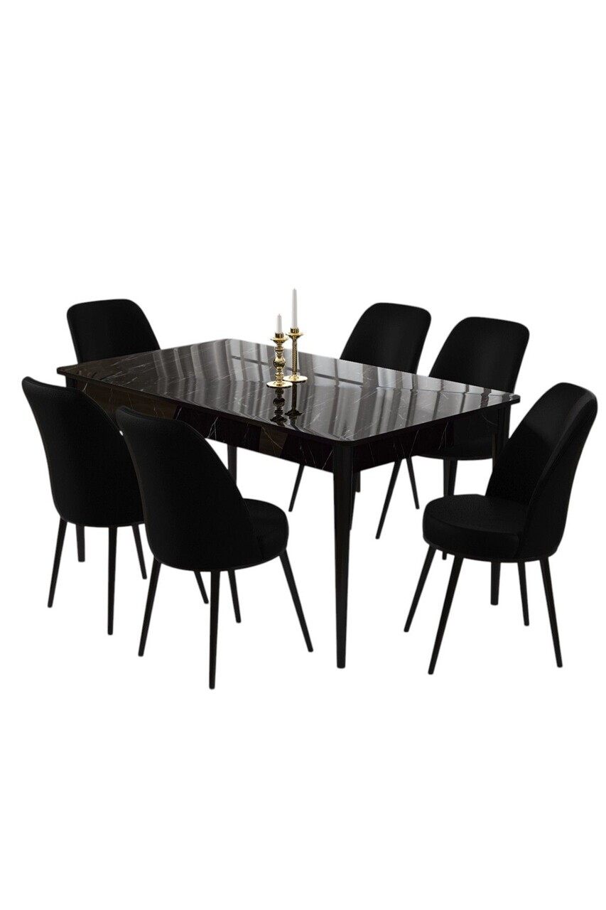 Set masa si scaune (7 piese), Hanah Home, Pir, Model de marmură neagră / Negru — imaginea 2