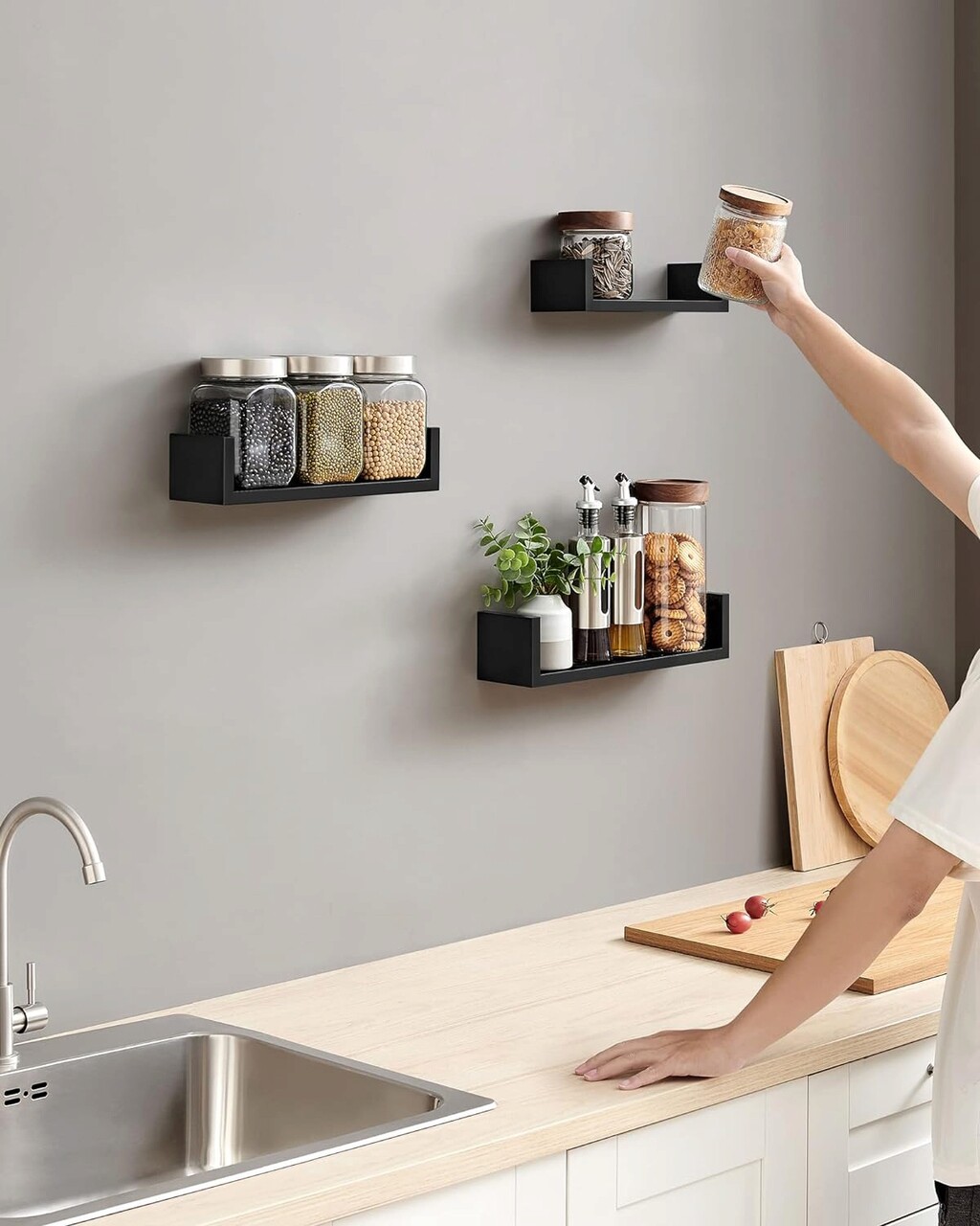 Set 3 rafturi de perete Songmics Modern, 40 x 10 x 9 cm, PAL, negru - imagine 5