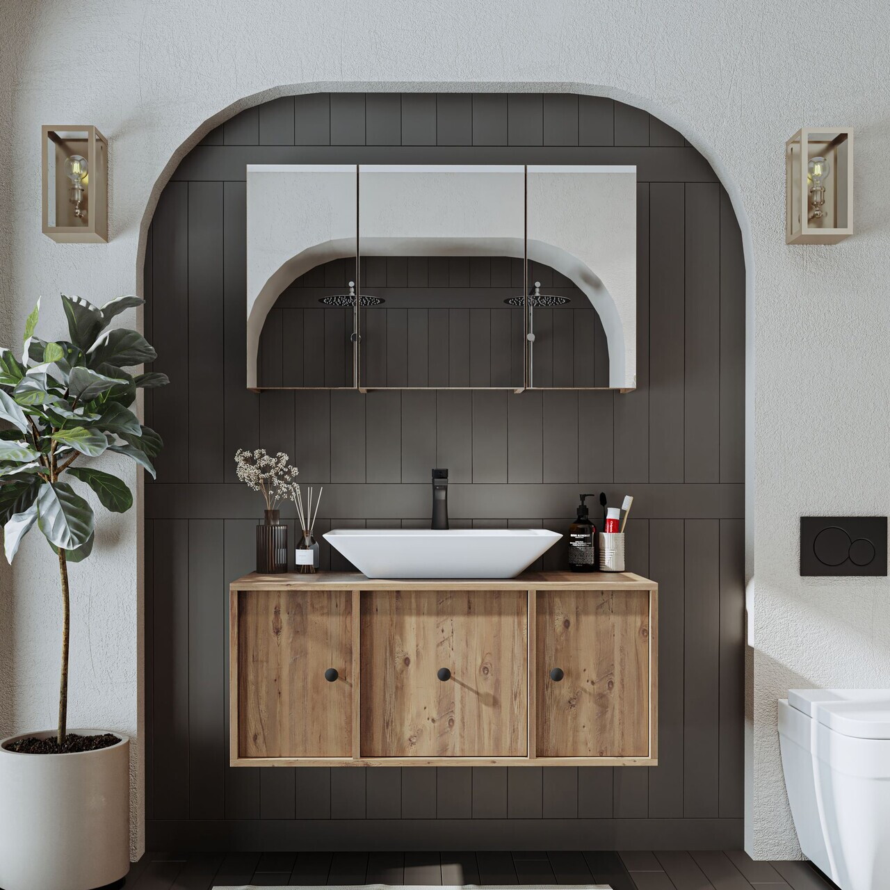 Set Dulap de Baie cu Chiuvetă și Oglindă (2 Piese), Hanah Home, 2556, MDF, Maro — imaginea 3