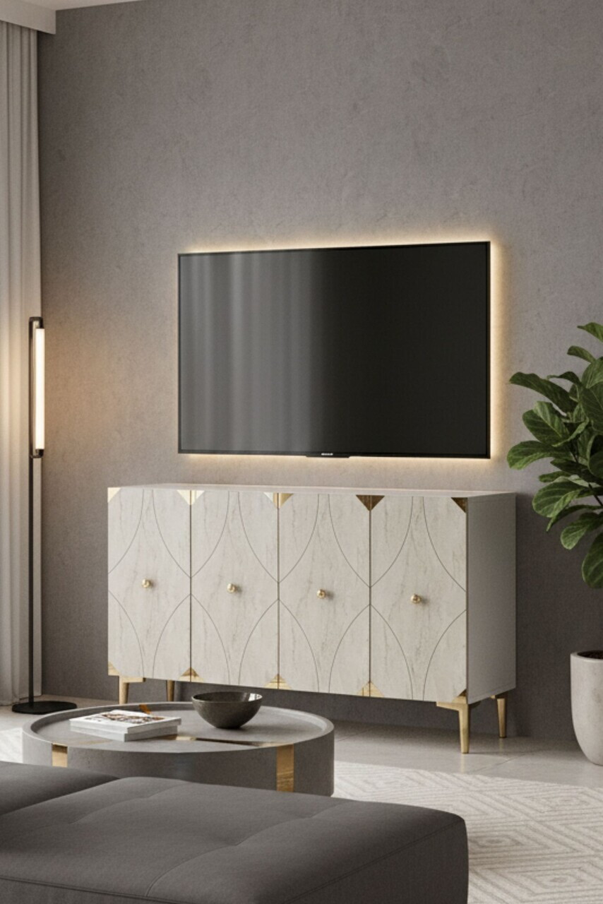 Consola, Hanah Home, Alfa 120, 120x75x32 cm, PAL, White / Travertine / Gold — imaginea 2