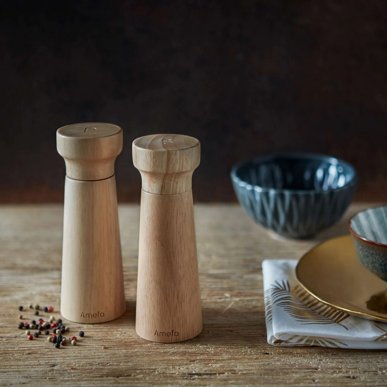 Set 2 rasnite sare/piper, Amefa, Grinder P&S Modern Black, lemn/ceramica