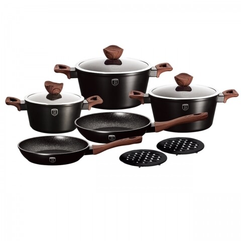 Set oale si tigai, 10 piese, Berlinger Haus, aluminiu forjat si marmura, Ebony Rosewood