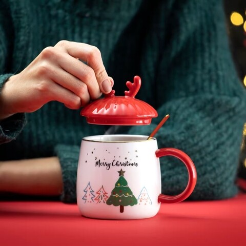Cana cu capac si lingura Merry Christmas, Ambition, 400 ml, portelan/otel